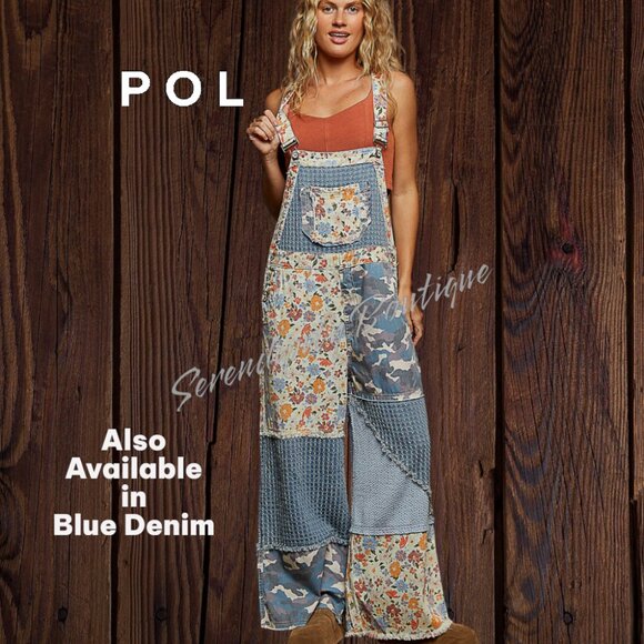 POL Floral Denim Boho Crochet Patchwork Flare Leg Suspenders Strap Jean Overalls - Picture 10 of 12